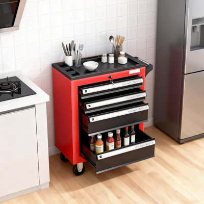 Coffre à outils à 4 tiroirs avec serrure, coffre à outils avec roulettes et plateau à outils