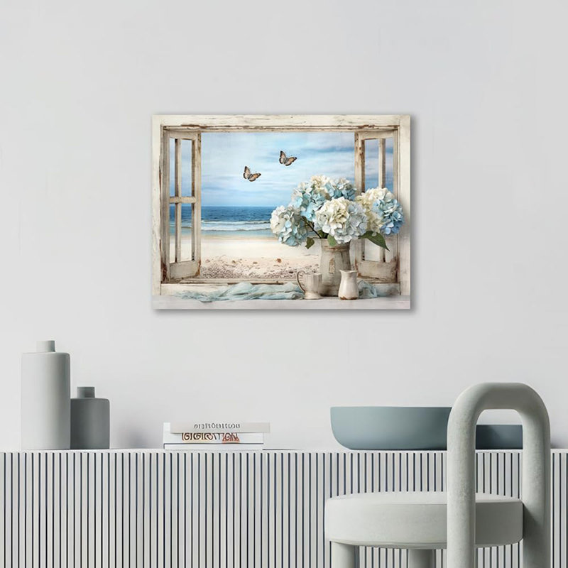 Vintage Ocean View Window Canvas Wall Art, High-Resolution Print With Fresh Blue Hydrangeas And Butterflies, Rustic Style Decor For Bathroom, Bedroom, Office Framed