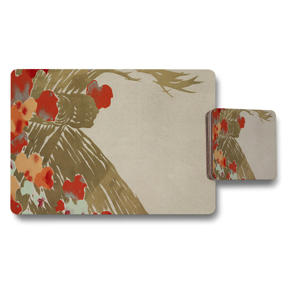 Botanical Floral Placemat And Coaster Set In Beige With Red Accents