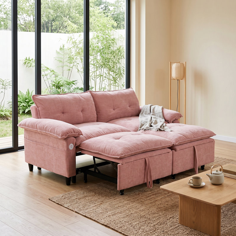 Canapé-lit coulissant en velours de 73 po, causeuse convertible avec matelas caché, conception peu encombrante, Rose