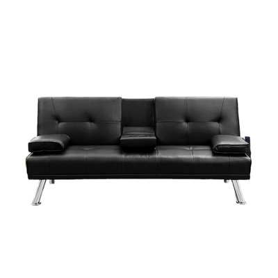 Similicuir noir pour l'espace de vie, 3 positions réglables, amovible, futon moderne avec pieds en métal, plusieurs situations, porte-gobelets, confort
