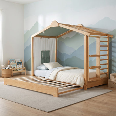 Lit cabane en bois pour une personne avec lit gigogne, lit plateforme avec tente en tissu enroulable et étagères latérales, style moderne, chambre d'enfant