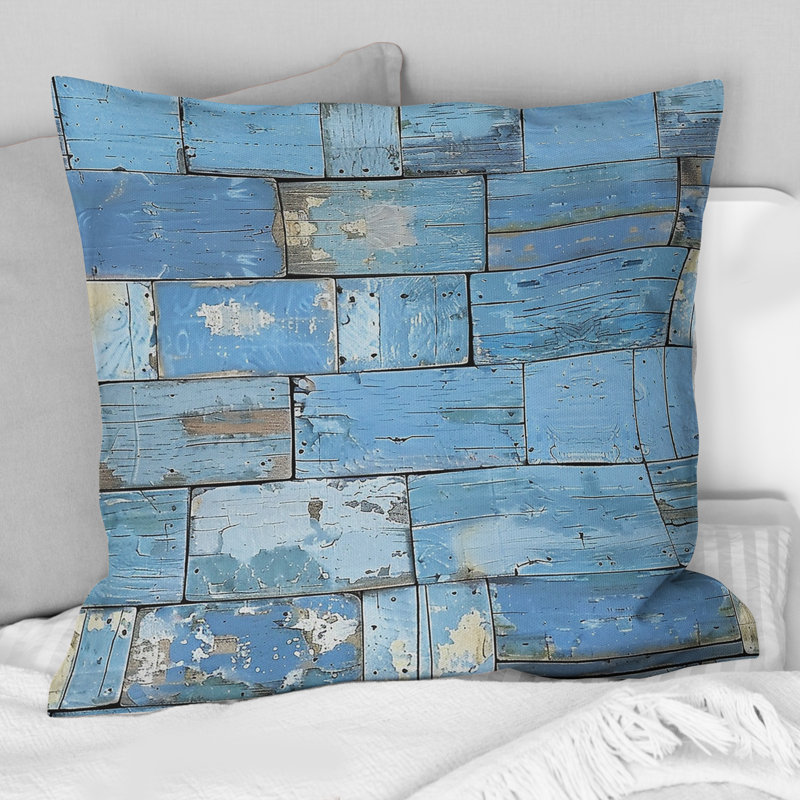 Coussin bleu / beige Country Rustic Wood II - Country, H 18 po x l 18 po, Carrée