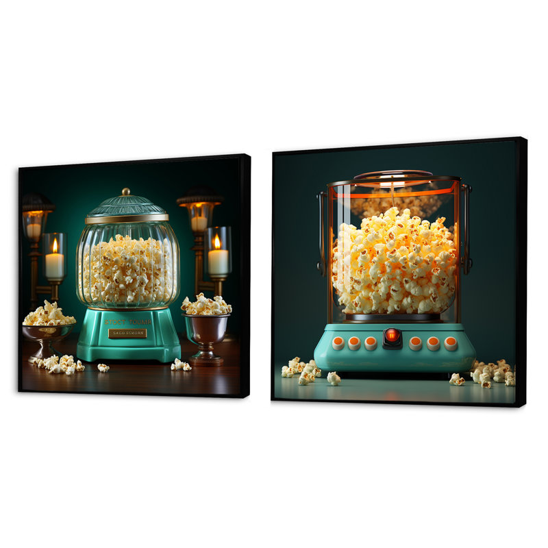 Éclat rétro Popcorn Embrace - ensemble de collage popcorn carré de 2, Cadre flottant noir, H 16 po x l 33 po