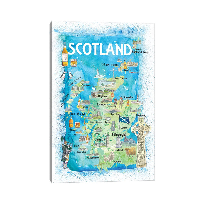 Scotland Illustrated Map With Landmarks And Highlights by Markus & Martina Bleichner - Wrapped Canvas Gallery-Wrapped Canvas Giclée