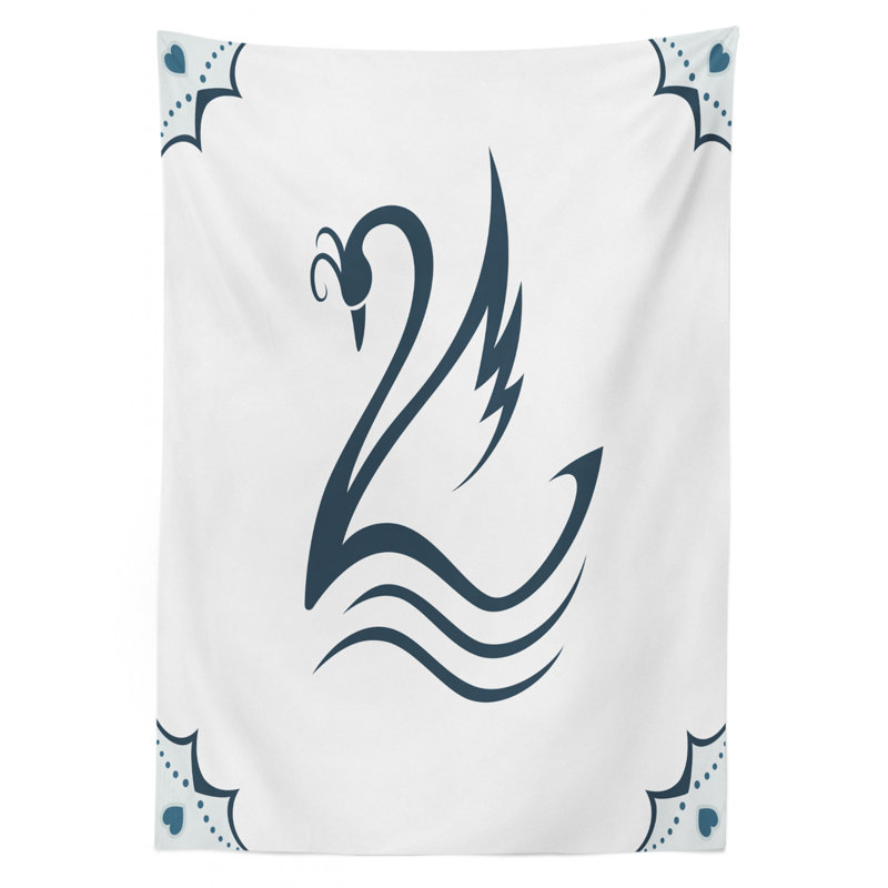 Ambesonne Swan Tablecloth, Digital Monochrome Swan Shaped Illustration With Curves And Heart Shape Fauna, Rectangular Table Cover For Dining Room Kitchen Decor, 52" X 70", White Teal