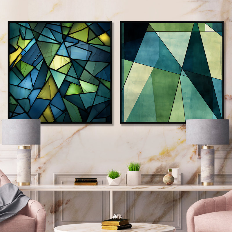 «Blue Green Window Tides I», ensemble de 2 reproductions d'art sur toile, Cadre flottant noir, H 16 po x l 33 po x P 1 po