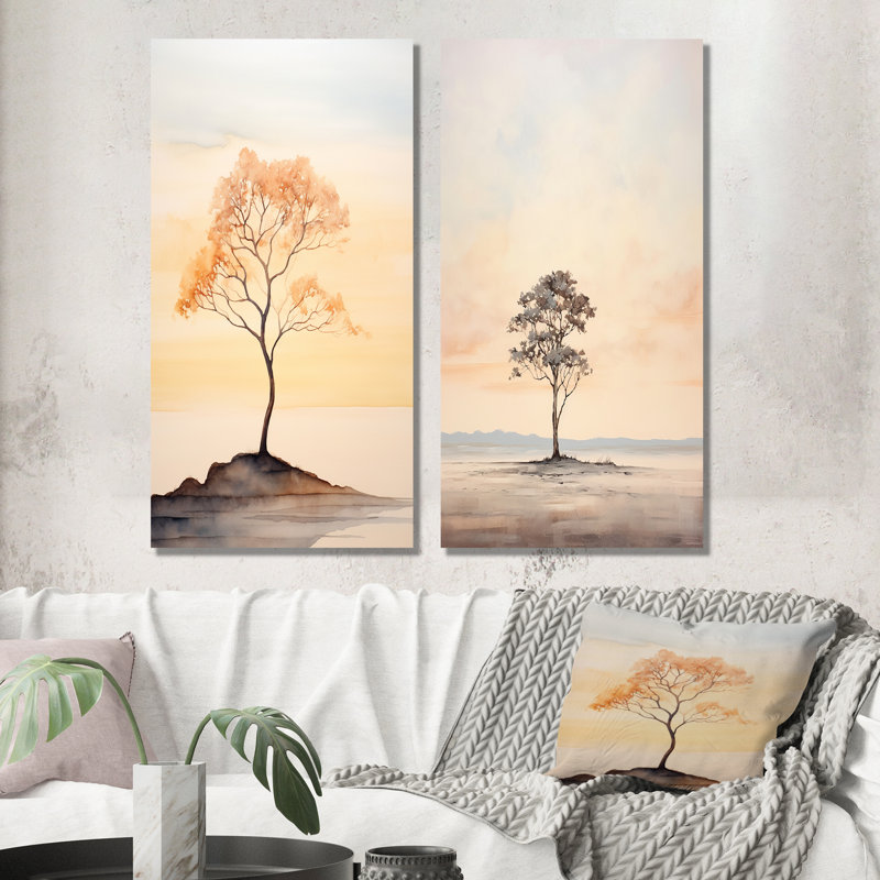 Ensemble de 2 décorations murales beige solitude beauté - arbres, H 28 po x l 25 po, Toile tendue