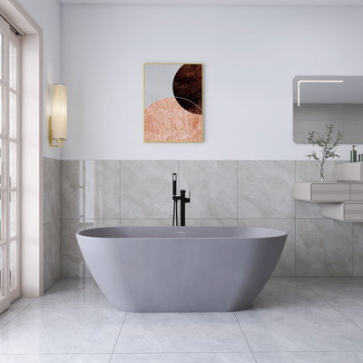 63'' Solid Surface Freestanding Soaking Bathtub In Matte Gray