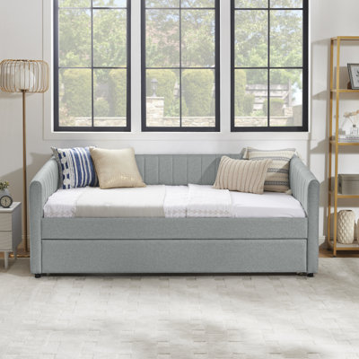 Twin Size Daybed With Trundle Upholstered Sofa Bed, With Vertical Stripes, Linen Fabric, Grey (82.5"X43"X30")