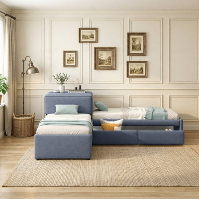L-shaped Upholstered Platform Bed with Trundle and Two Drawers Linked with built-in Desk,Twin