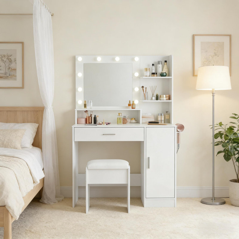 35.4-Inch Vanity with Mirror and Adjustable Lighting for Living Rooms and Apartments, White