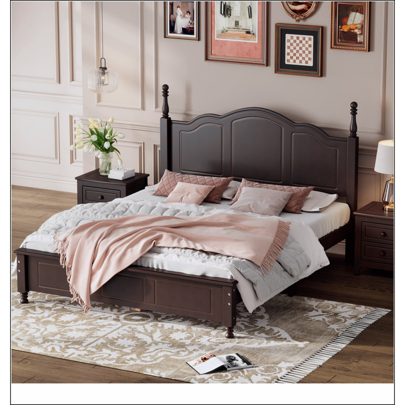 Base de lit plateforme en bois, lit plateforme de style rétro avec support en lattes de bois, Noyer, Grand lit