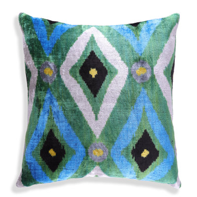Coussin en velours géométrique émeraude et bleu - 16 x 16 po | Luxe fait à la main