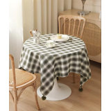 Brown Plaid Woven 100% Cotton Tablecloth With Pom Pom 56" W X 96" L