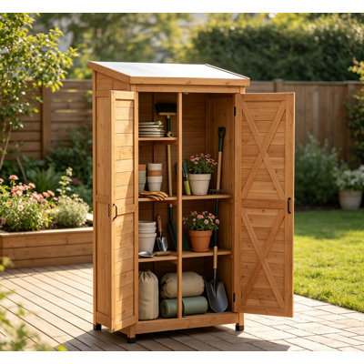 Outdoor wooden storage shed fir wood tall vertical tool cabinet with sloped metal roof adjustable shelves double doors for backyard garden patio lawn