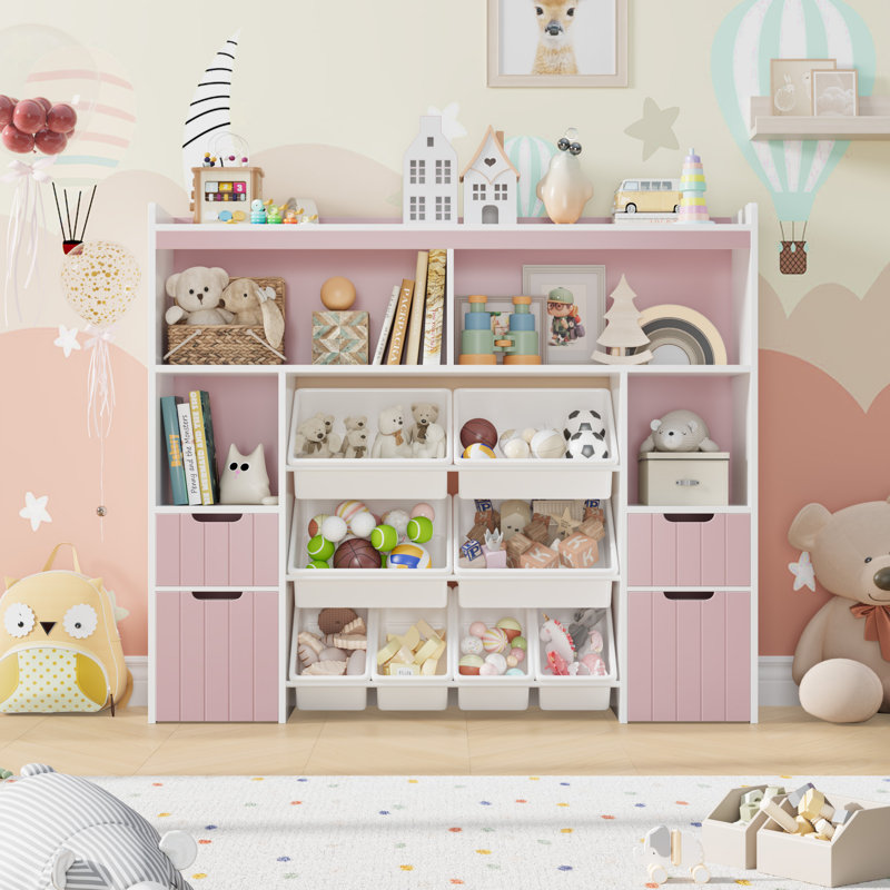 55.1"W Toy Storage Organizer With 4 Drawers & 8 Bins, Pink/White