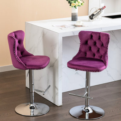 Velours avec support de dossier, siège réglable de 25 à 33 pouces, base, mauve, 2 pour la hauteur de l'îlot de cuisine de pub, dossier à la base, confortable, mauve de 2