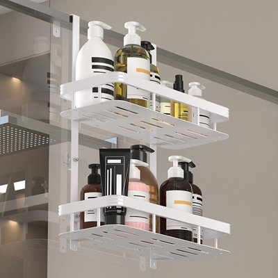 Serviteur de douche au-dessus de la porte - Blanc - Support de rangement de salle de bain à 2 niveaux antirouille, tablettes sans perçage
