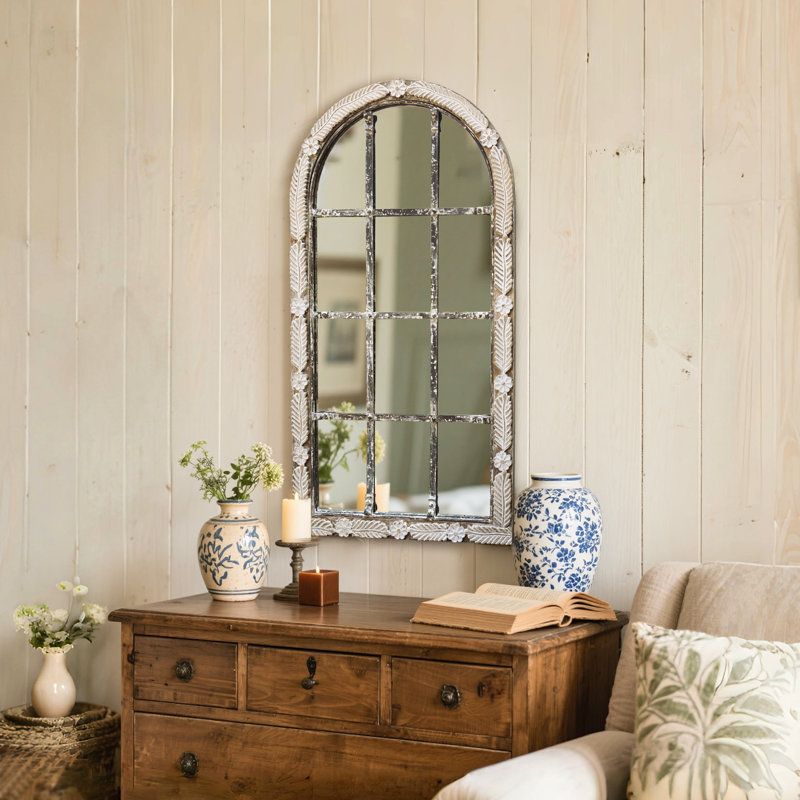 Miroir mural arqué rétro en bois sculpté, Bois blanc