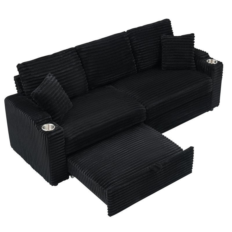 Velours côtelé de 80 pouces pliable avec couchette cachée, porte-gobelet, 2 coussins, noir, facile à placer dans le salon