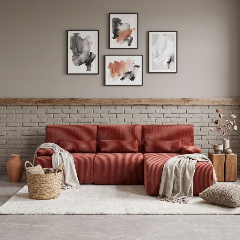 Canapé d'angle modulaire en forme de L 3 places avec assise ergonomique incurvée, coussins d'accoudoirs et oreillers, Rouge