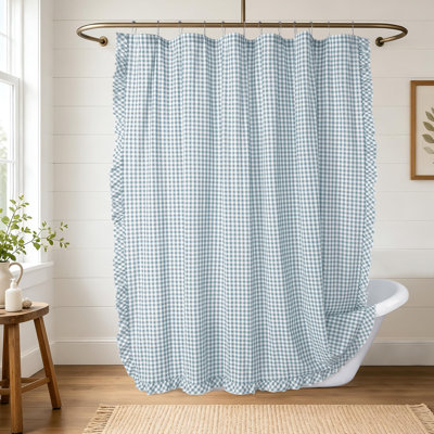 100% Cotton Plaid Buttonhole Shower Curtain With Ruffle