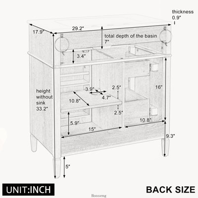 Meuble-lavabo autoportant de 30 po avec comptoir d'évier, armoire en bois massif et panneau de fibres à densité moyenne avec tiroir rabattable, 2 tiroirs à fermeture en douceur et 1 porte à fermeture en douceur, poignées en bois