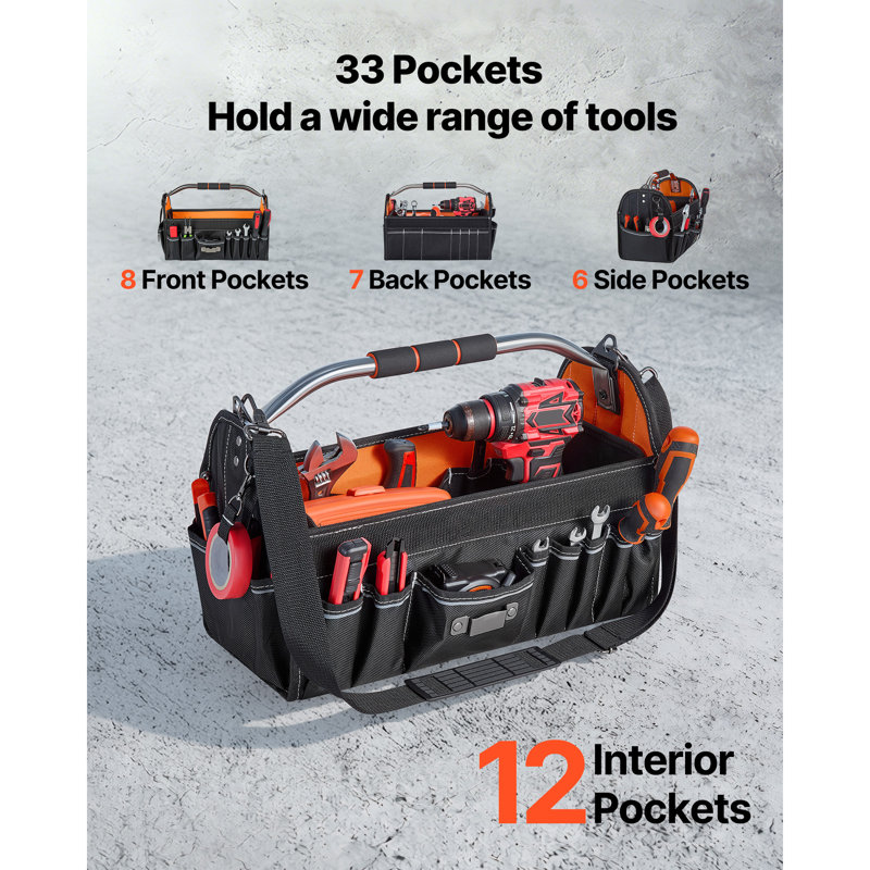 Sac à outils, 41 cm (16,1 pouces), 33 poches, ouverture sur le dessus, organisateur de rangement pour outils d'entretien électrique avec poignée, bandoulière réglable, sac à outils portatif