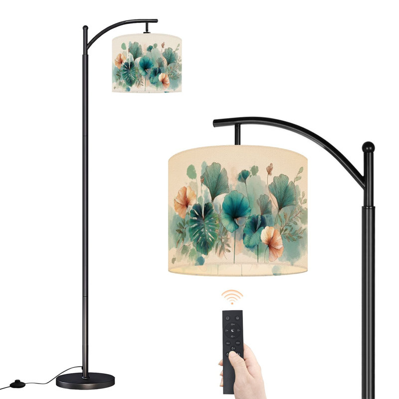 Arc Floor Lamp with Adjustable Lampshade Vintage Tropical Leafy Botanical Monstera Deliciosa Ensete Ventricosum Standing Lamp 3 Color Temperatures Dimmable Tall Pole Lamp with Foot Switch for Bedroom