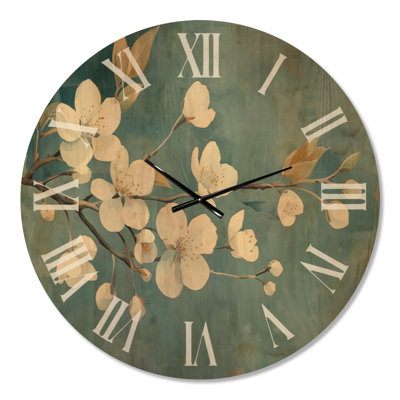 Grande horloge murale florale à fleurs de pommier blanc délicat, imprimée sur bois