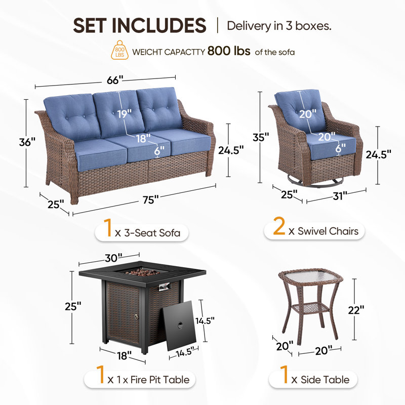 Elona 5-Piece Outdoor Wicker Patio Conversation Set With Square Metal Fire Pit, Swivel Gliders And Side Table For Patio, Blue