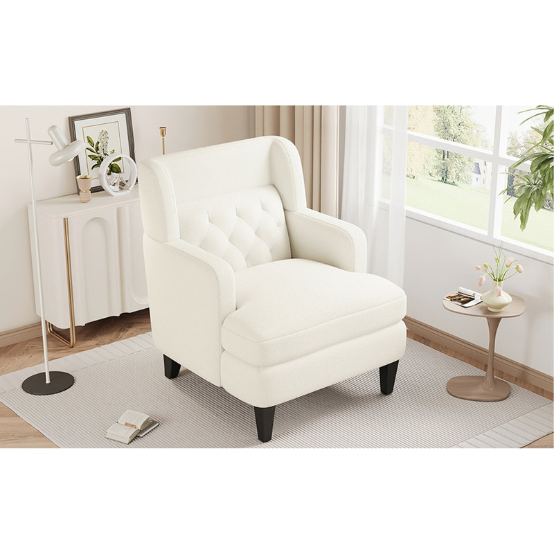 Fauteuil beige, rembourré pour la décoration intérieure, matériau doux, siège ergonomique, fauteuil de salon et de chambre à coucher, tissu de peau, base stable, assise confortable,