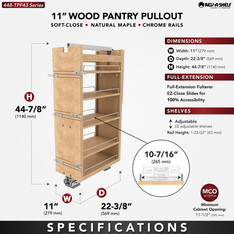 Organisateur de garde-manger escamotable en bois avec fermeture en douceur, H 43,65 po x l 14 po x P 22,5 po