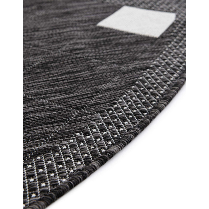 Tapis intérieur / extérieur en polypropylène géométrique tissé à la machine en noir / blanc, Rond 6 pi 1 po