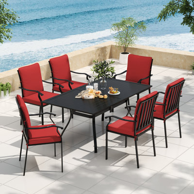 Ensemble de salle à manger 7 pièces pour l'extérieur, 6 chaises pivotantes avec coussins rouges et table de salle à manger rectangulaire en métal avec trou pour parasol, ensemble de salle à manger rectangulaire pour 6 personnes avec coussins, ensemble de mobilier de patio pour porche, jardin, cour, terrasse, noir
