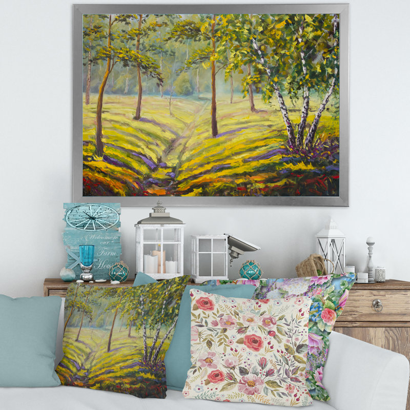Pins et buissons dans la forêt II - peinture sur toile, H 24 po x l 32 po x P 1 po, Encadrement argenté