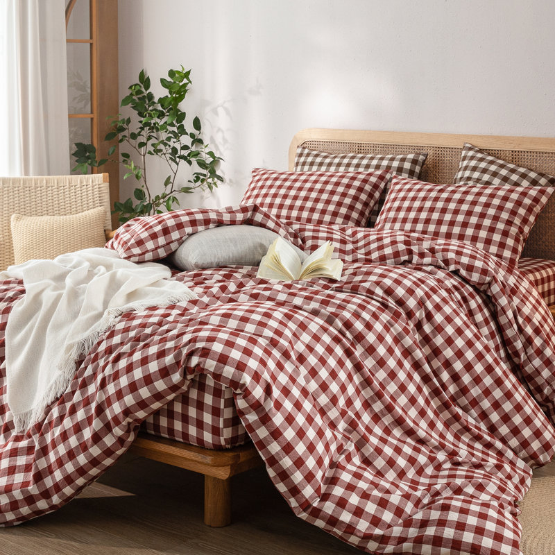 Ensemble de literie BESTOUCH à carreaux vichy, 100 % coton lavé, toucher lin, doux, respirant, léger, fermeture éclair invisible et 8 attaches