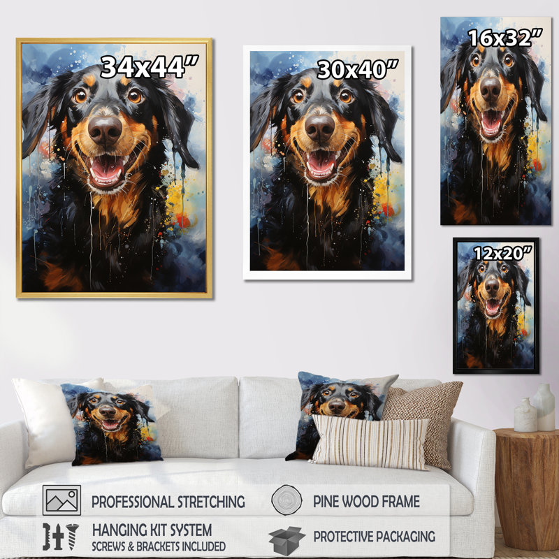 Teckel délice sur toile, H 32 po x l 24 po x P 1 po, Cadre simple noir