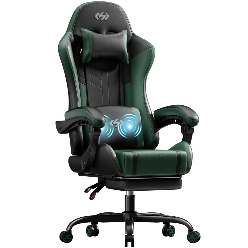 Adjustable Gaming Chair with Massage Lumbar Support, Swiveling PC & Racing Game Chair with Footrest & Headrest, Ergonomic PU Leather Computer Chair for Adults & Teens,Black and Green