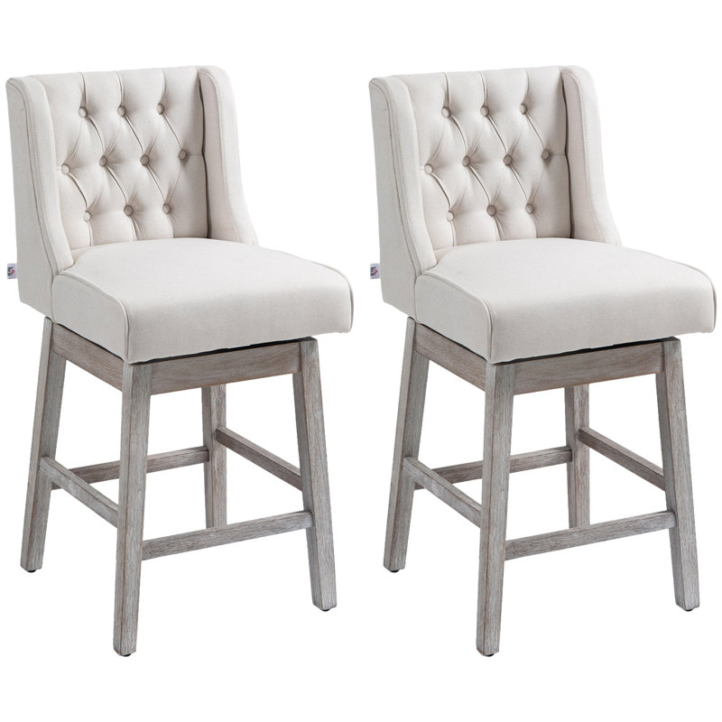 Counter Height Bar Stools Set Of 2, 180 Degree Swivel Barstools, Seat Height Bar Chairs With Solid Wood Footrests And Button Tufted Design