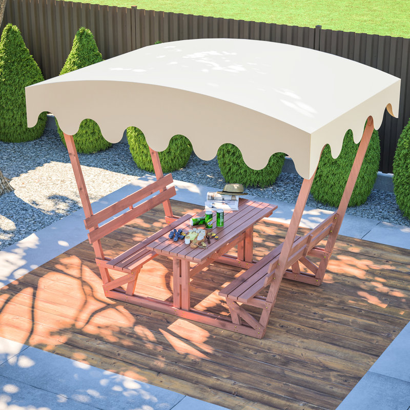 Table de pique-nique imperméable et banc en bois massif avec auvent amovible. Utilisation tout temps dans les cours, les parcs et les terrasses. Plateau de table de 1,06 pouce d'épaisseur, 1,18 bancs. Toile à l'abri du soleil, détachable pour