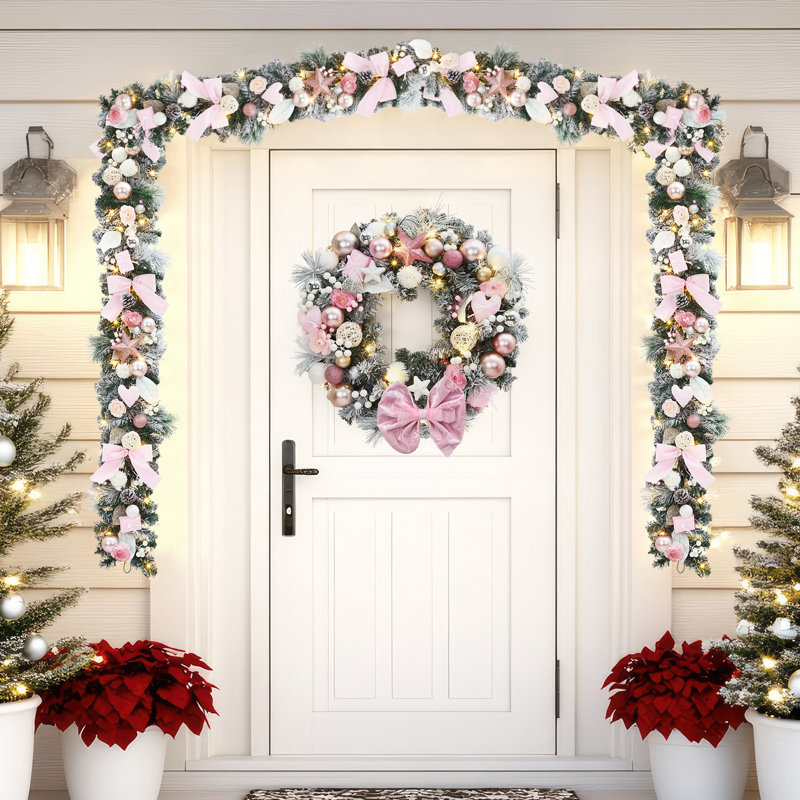 Guirlande de Noël illuminée 6 pi avec boucles roses, boules de Noël