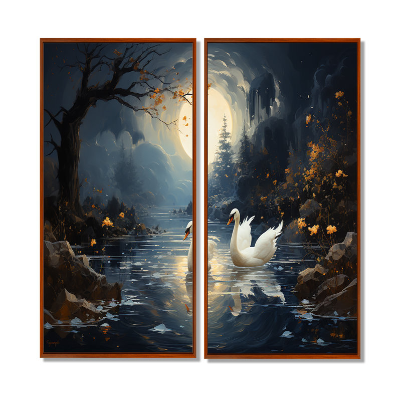 «White Swans» Harmony Moonlight Pond II - animaux, art mural sur toile, 32" H x 32" W, Impression encadrée flottante, Brown