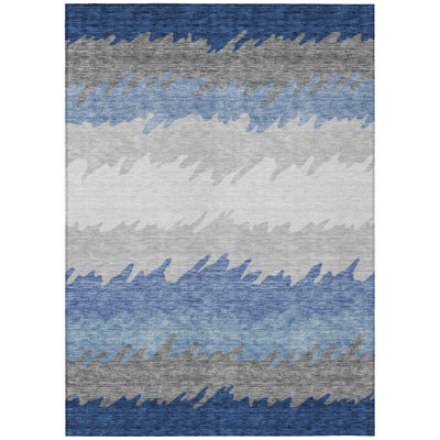 10' X 14' Navy Blue Gray And Silver Striped Washable Indoor Outdoor Area Rug