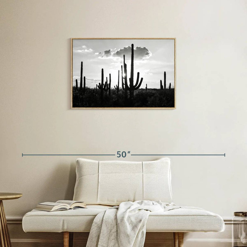 Arizona noir - Silhouettes de cactus, Cadre flottant en bois naturel, 31 po x 21 po