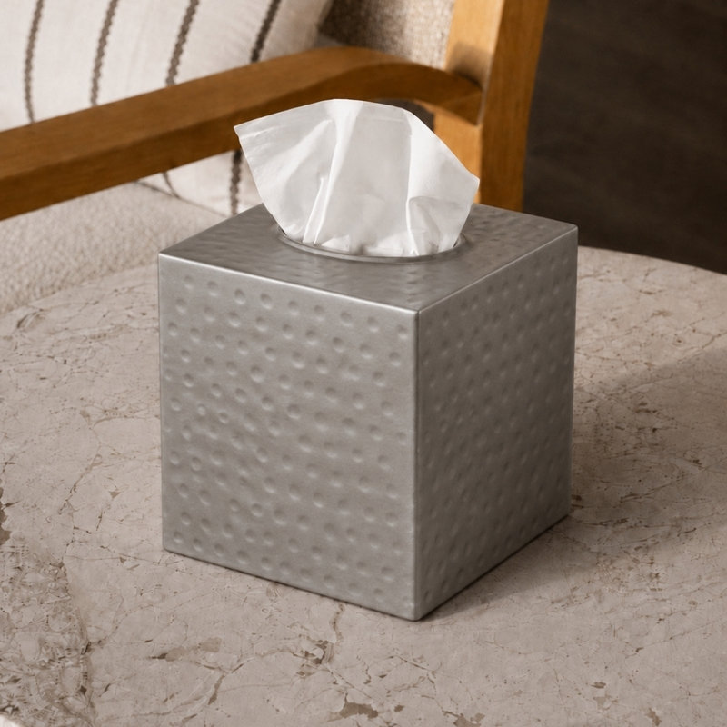 Hand Hammered Metal Tissue Box Cover, Pewter