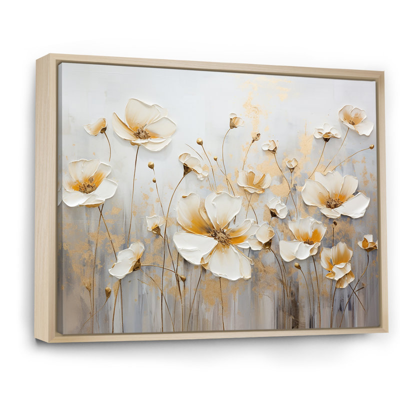 «White Buttercups On Beige Simplicity I», reproduction d'art sur toile, Cadre naturel flottant, H 24 po x l 32 po