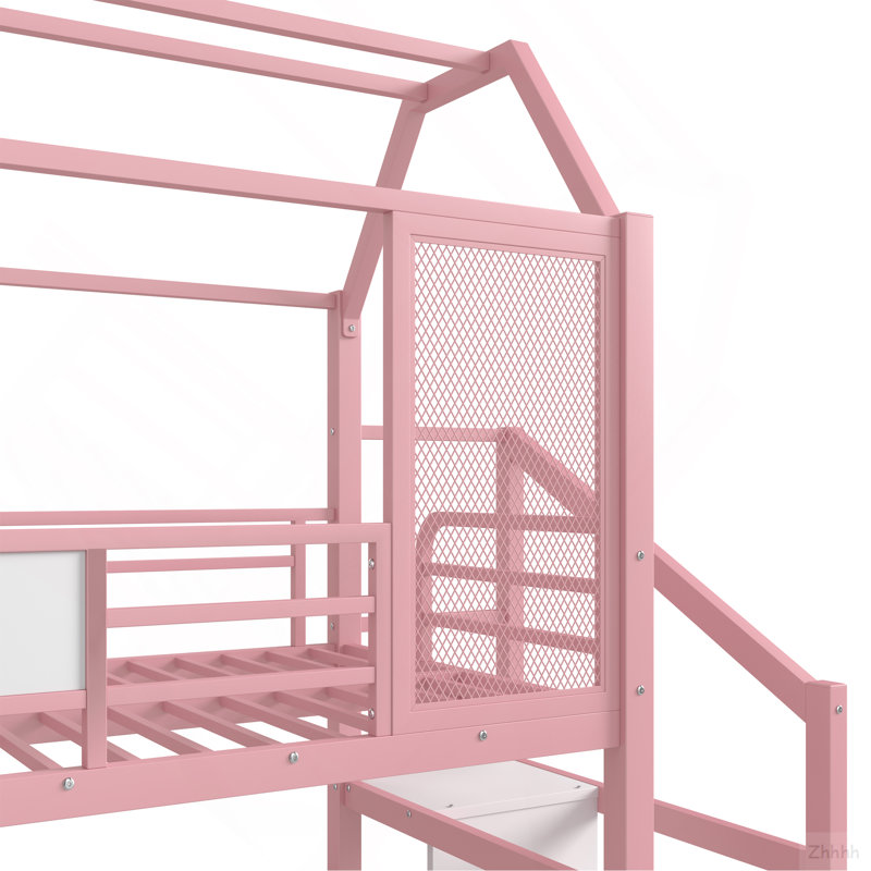 Lit mezzanine simple avec glissade et escalier, lit de jeu en métal avec tablettes de rangement, toit en forme de maison et conception silencieuse, rose