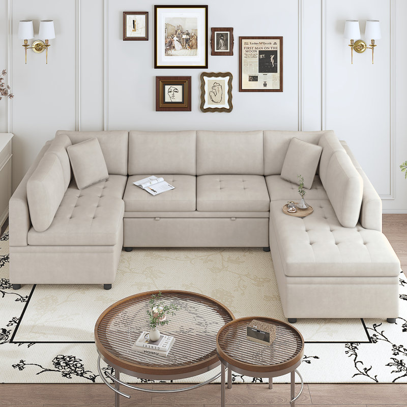 Canapé-lit modulaire en U en chenille beige avec 2 coussins décoratifs, Beige